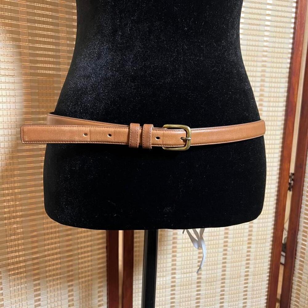 Vintage Lands' End Tan Leather Belt Gold Brass Buckle Preppy Minimalist Size 34